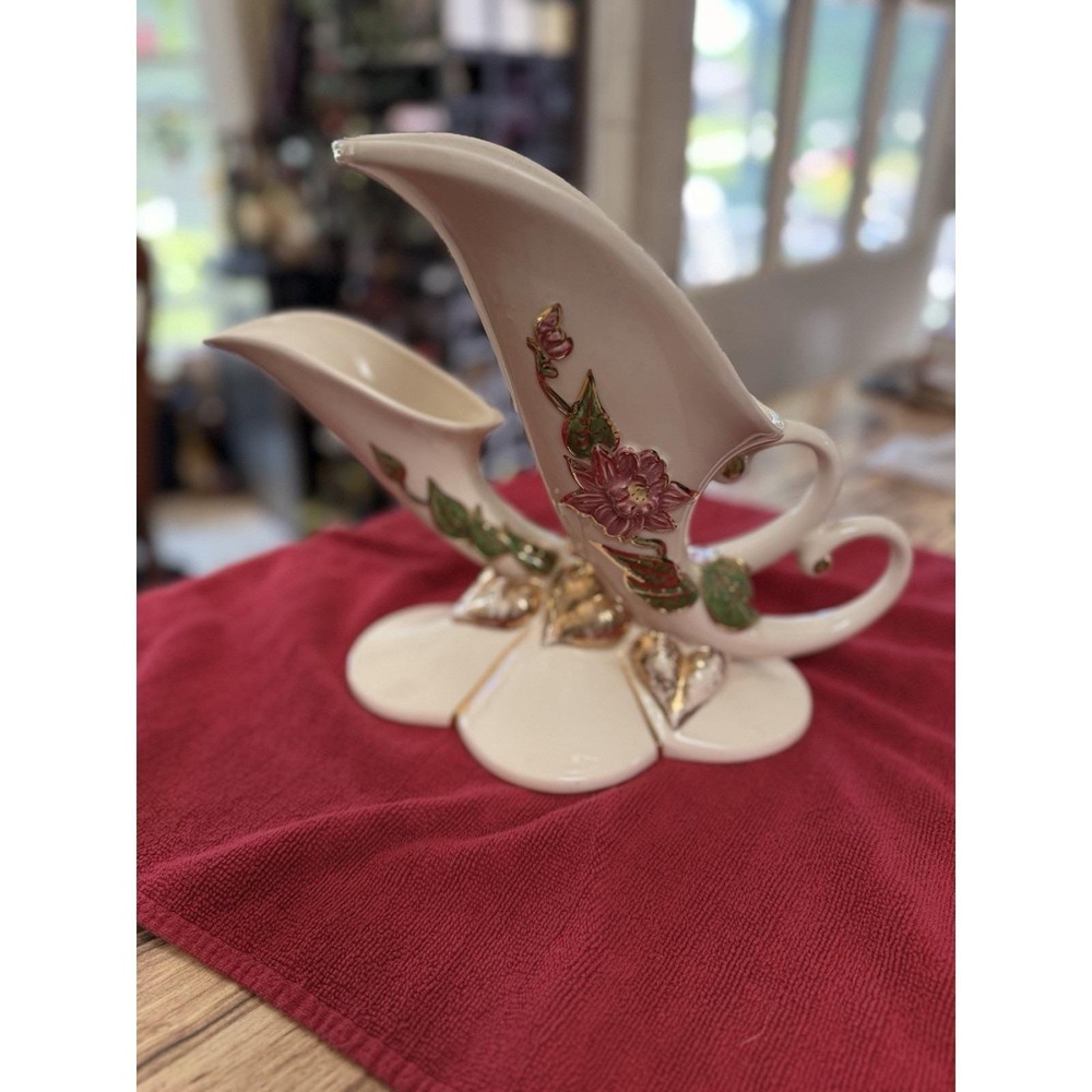 Vintage Hull Pottery W-23 Double Cornucopia Vase Woodland Pink Floral Gold Trim